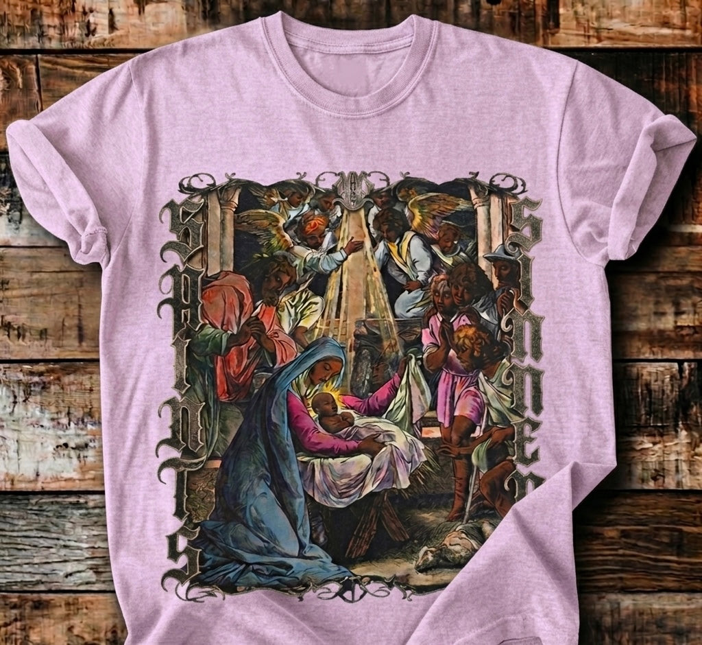 Saints Over Sinners Vintage Nativity Graphic Tee | Bold Christian Streetwear |