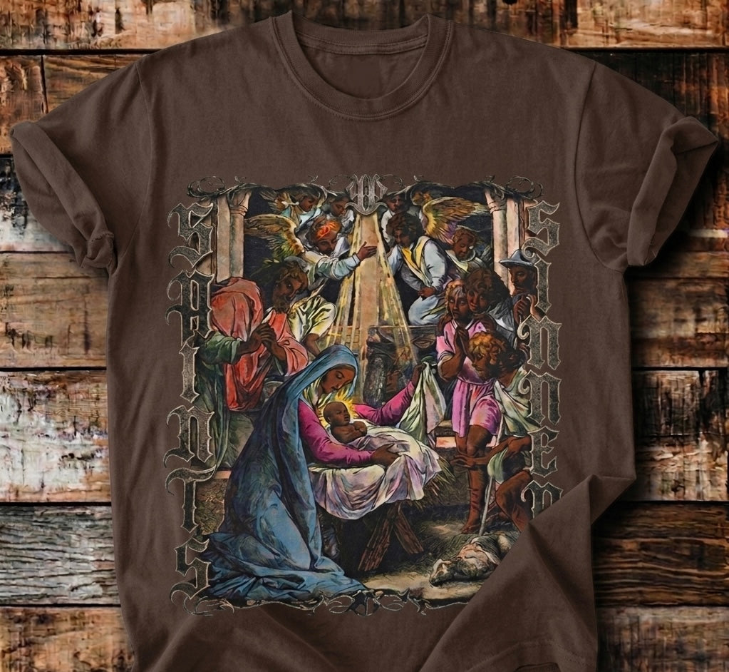 Saints Over Sinners Vintage Nativity Graphic Tee | Bold Christian Streetwear |