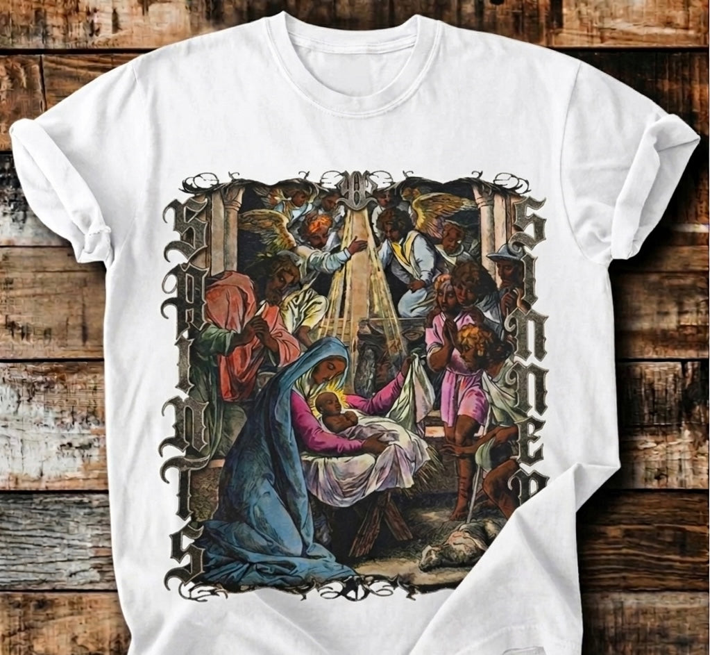 Saints Over Sinners Vintage Nativity Graphic Tee | Bold Christian Streetwear |