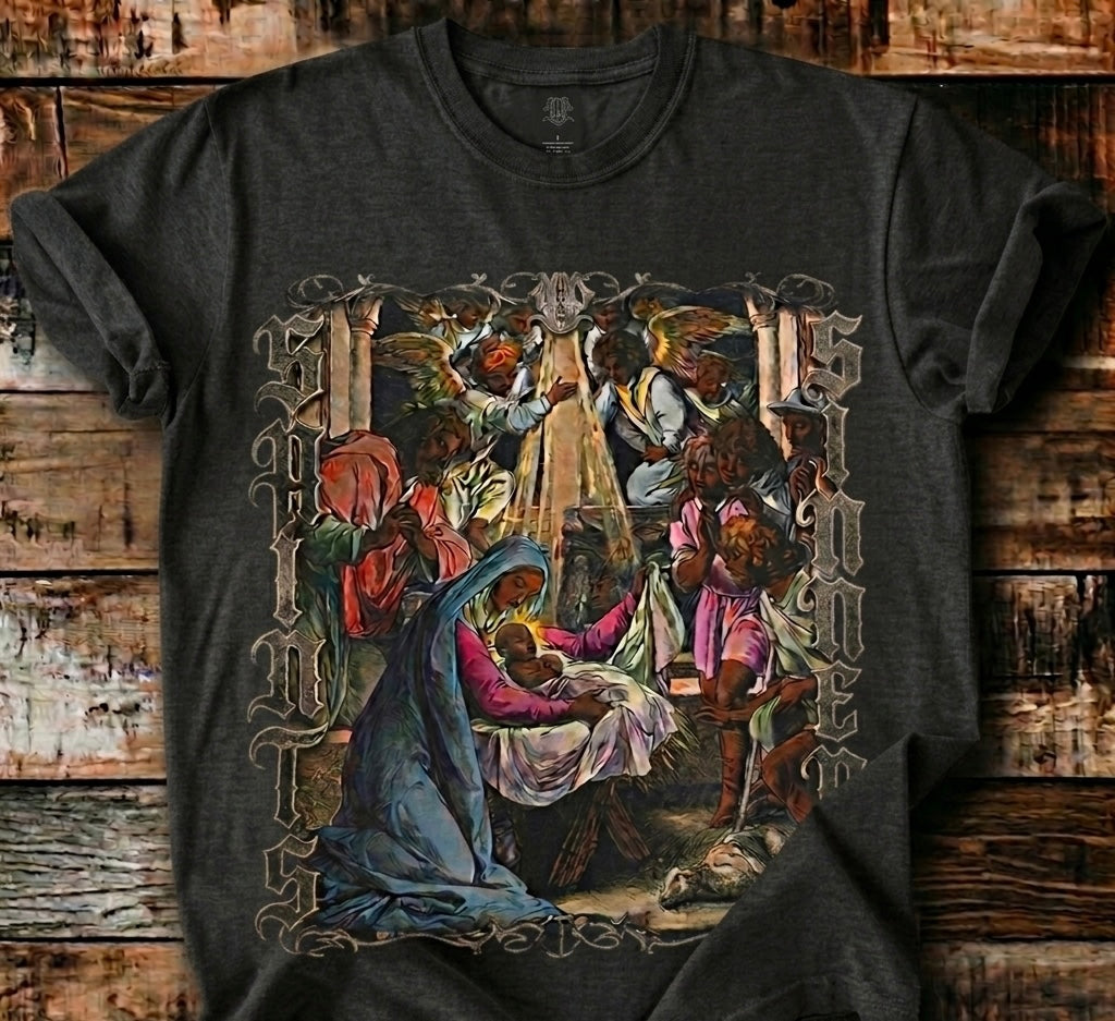 Saints Over Sinners Vintage Nativity Graphic Tee | Bold Christian Streetwear |