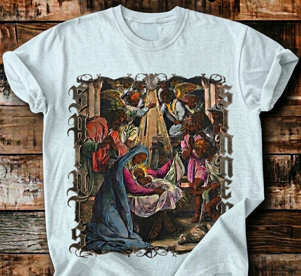 Saints Over Sinners Vintage Nativity Graphic Tee | Bold Christian Streetwear |